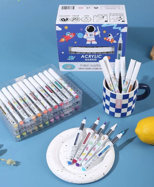 Marcadores Acrílicos 72 Colores | Punta Pincel | Envase Metálico con Medidor de Tinta